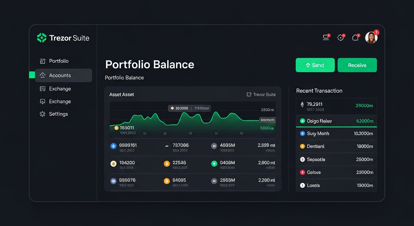 Trezor Suite cryptocurrency management interface showing hardware wallet portfolio, transaction history, and security features